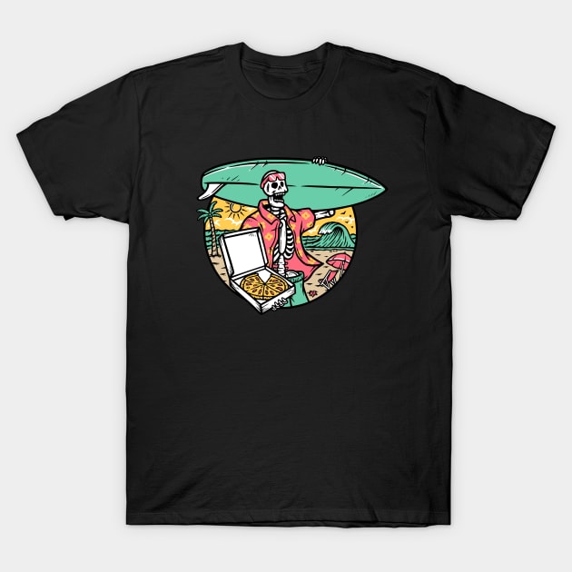 Surfer, Beach and Pizza Design T-Shirt by JoAnn's Storybook Designs 